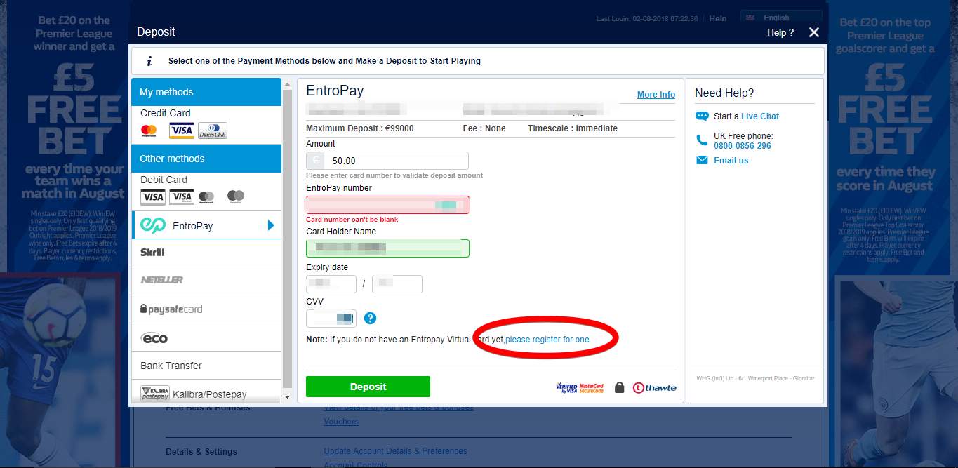 William Hill screenshot displaying where to find the link leading to Entropay registration